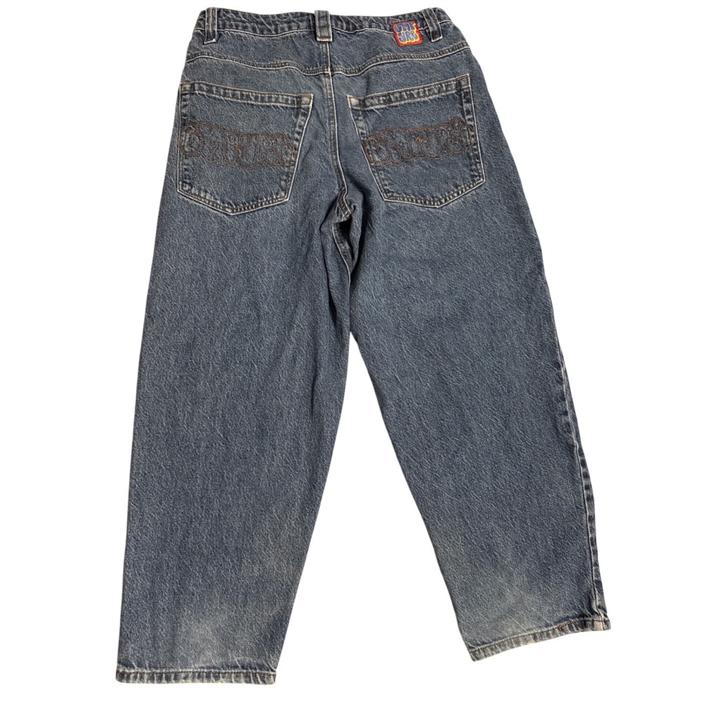 EMPYRE Denim Jeans Mens Size 28 Baggy Fit Y2K Blue Large Embroidered Pockets - Picture 2 of 8